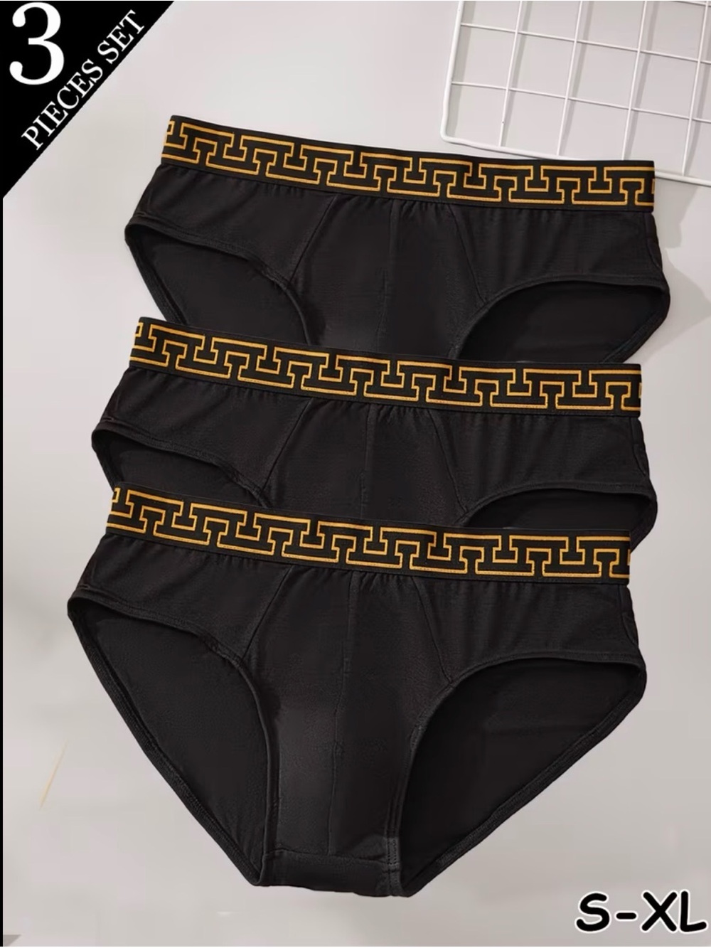 Black Briefs Set With Gold Geometric Waistband - 3 Pack